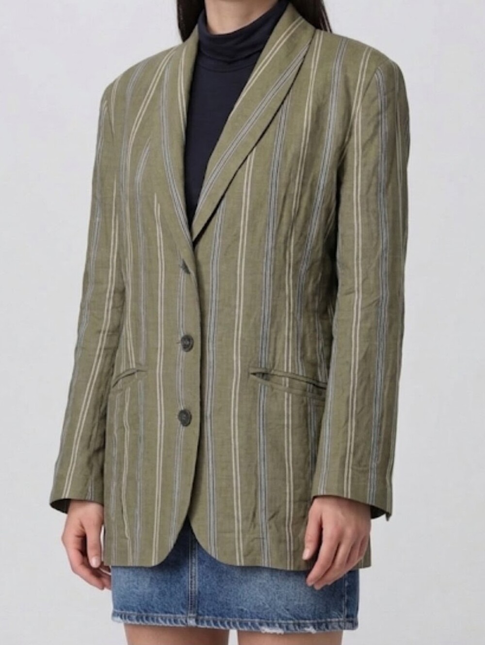 Pinko Linen Exaggerated Shoulders Blazer M Olive Striped